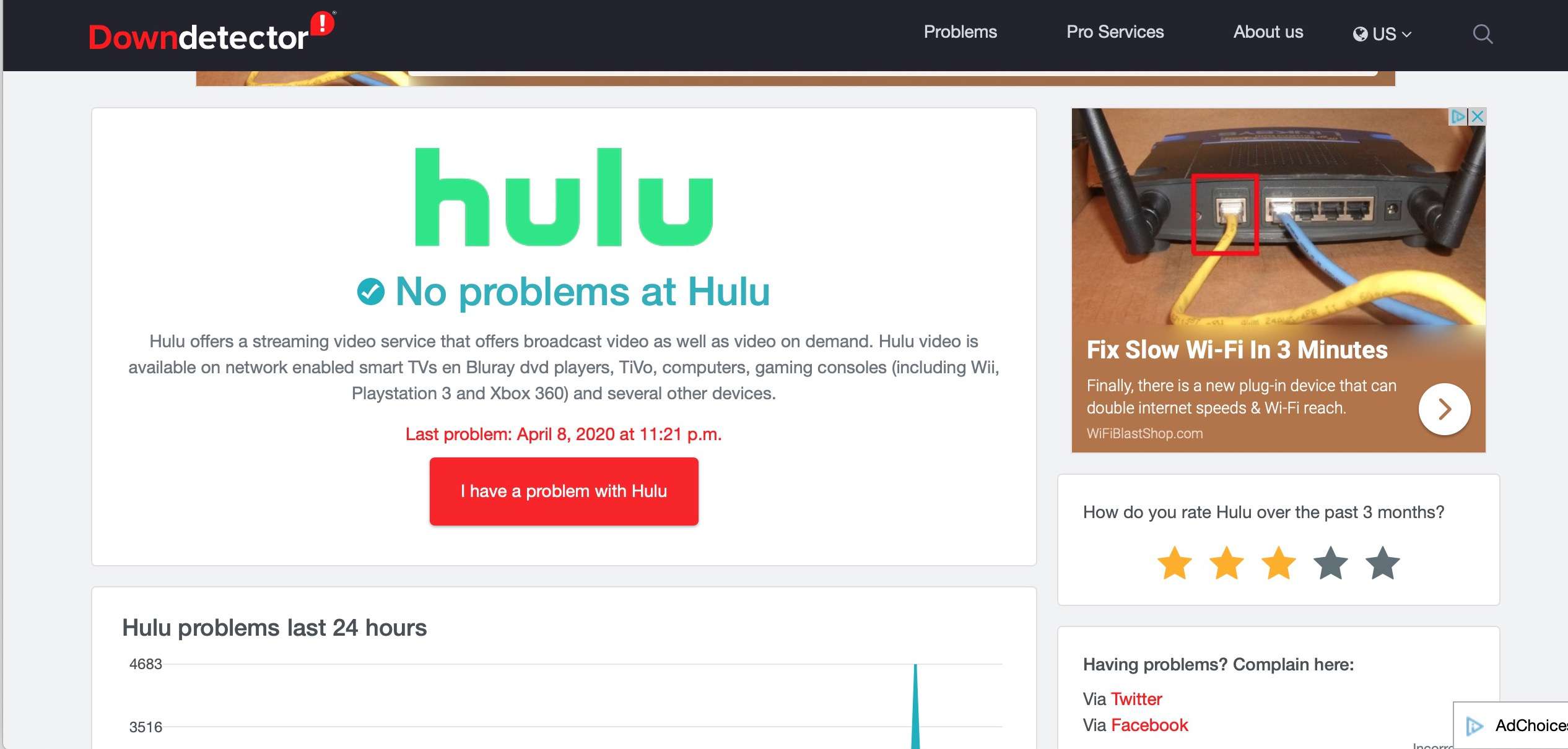 Downdetector-bewaking Hulu-servicestatus