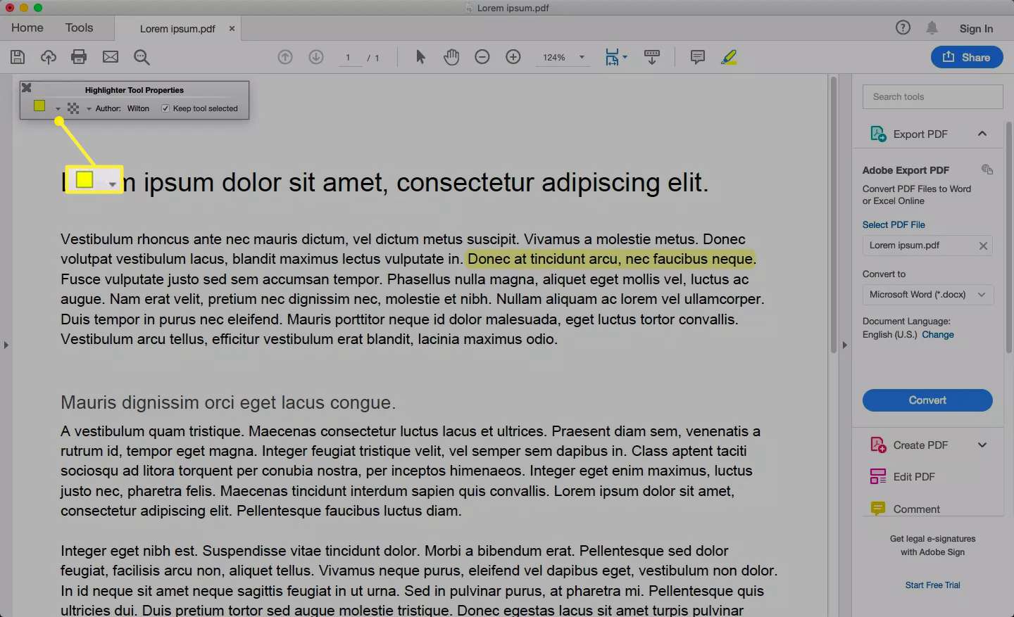 Acrobat Reader Eigenschappenbalk met kleurstaal en pijl gemarkeerd