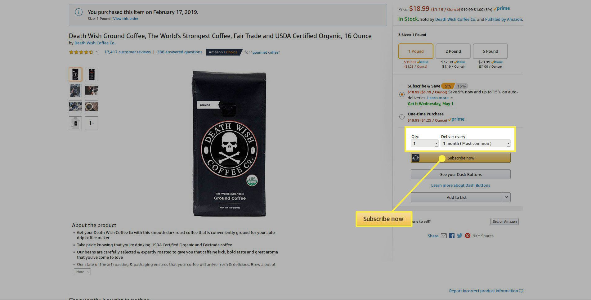 Bezorgopties en de knop "Nu abonneren" voor een item op Amazon