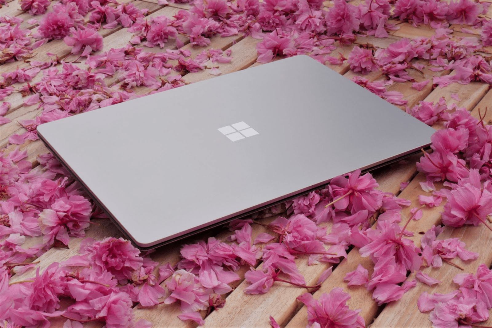 Surface Laptop 4 gesloten op een bed van bloemen