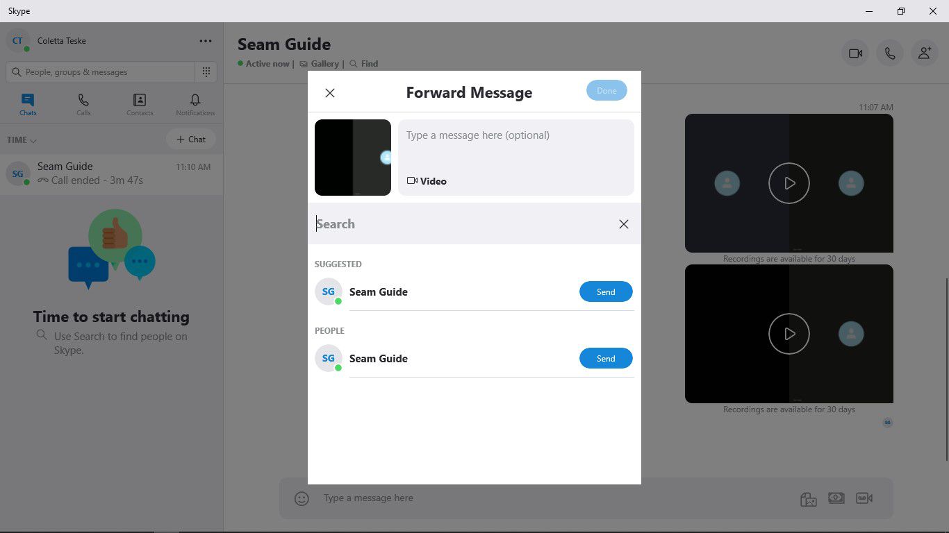 Een schermafbeelding van het venster Bericht doorsturen in Skype dat laat zien waar u mensen kunt selecteren met wie u een opgenomen Skype-gesprek wilt delen