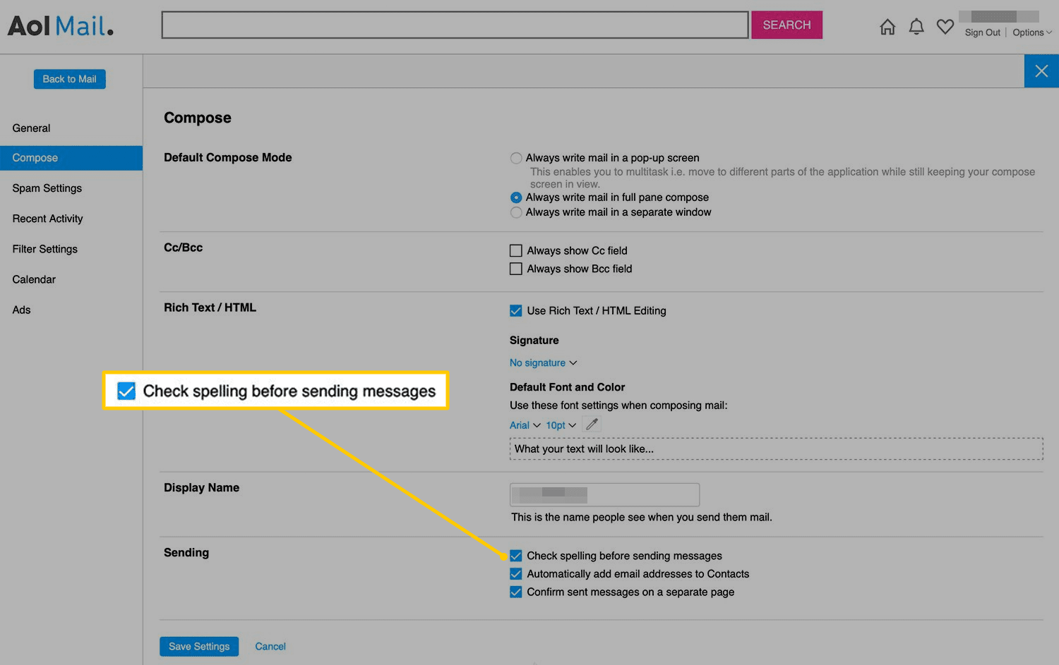 Controleer de spelling voordat u berichten verzendt in AOL Mail op het web