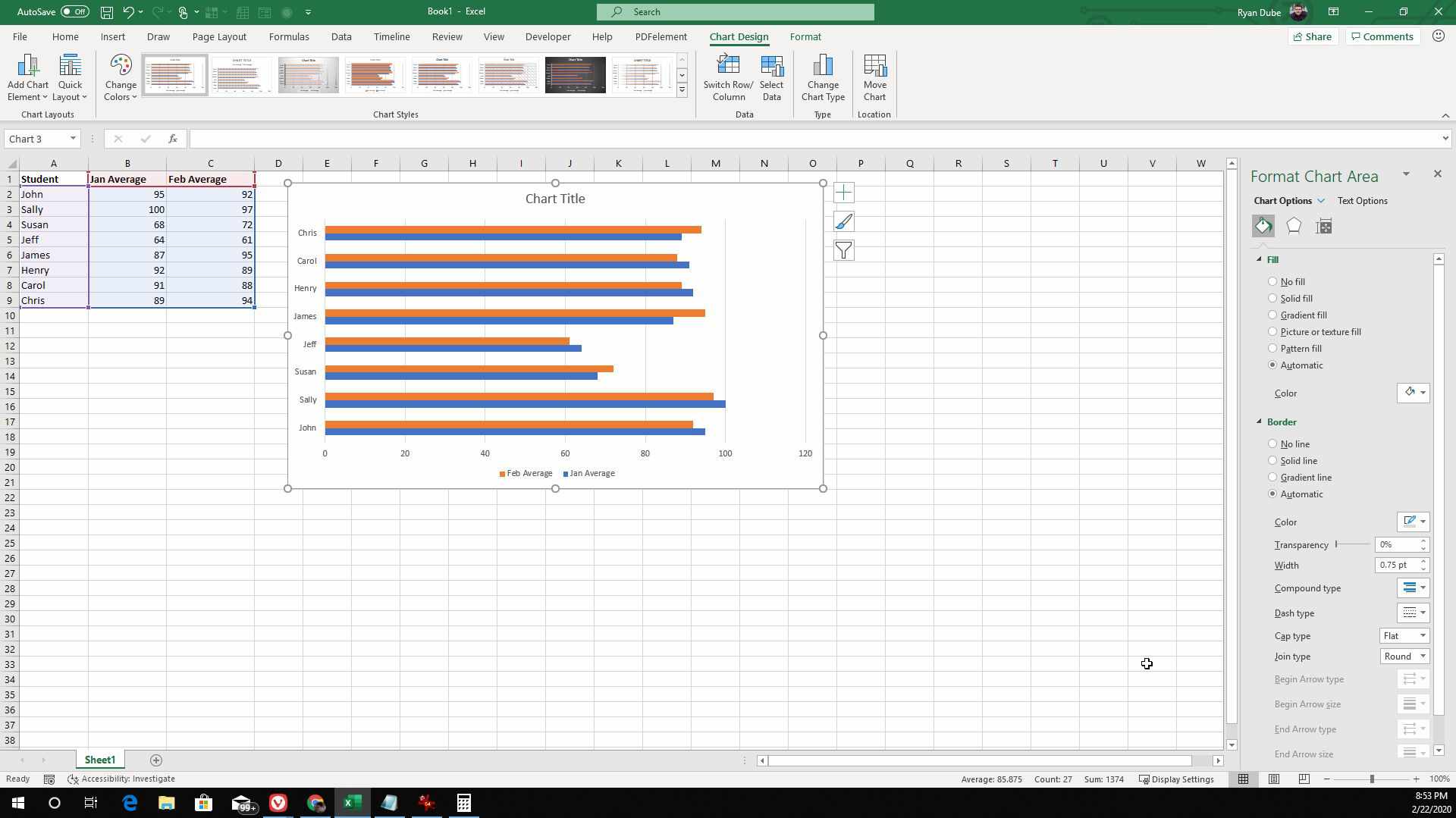 Screenshot van een geclusterd staafdiagram in Excel