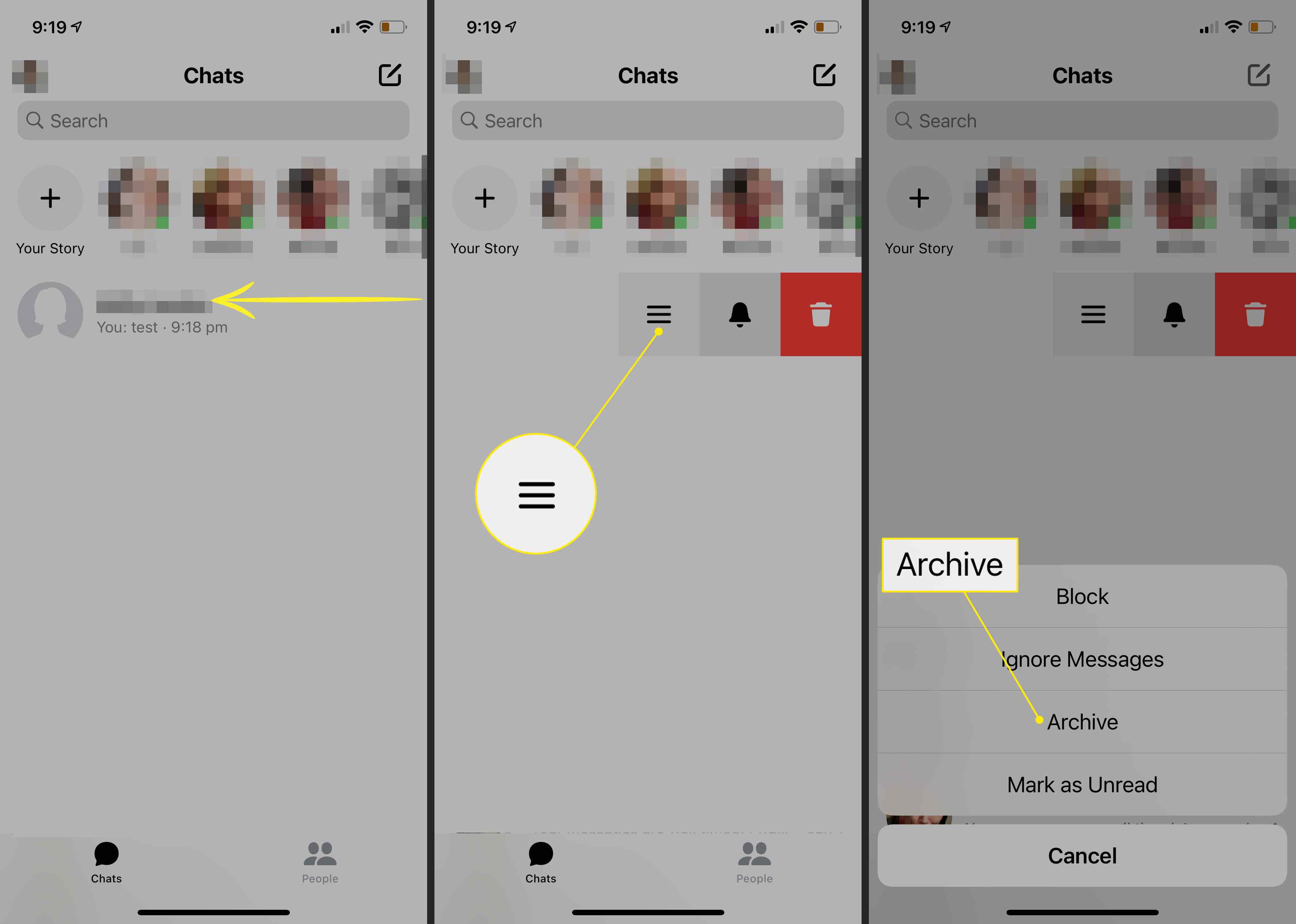 Het menu met drie regels en de Archief-opdrachten in Messenger voor iOS