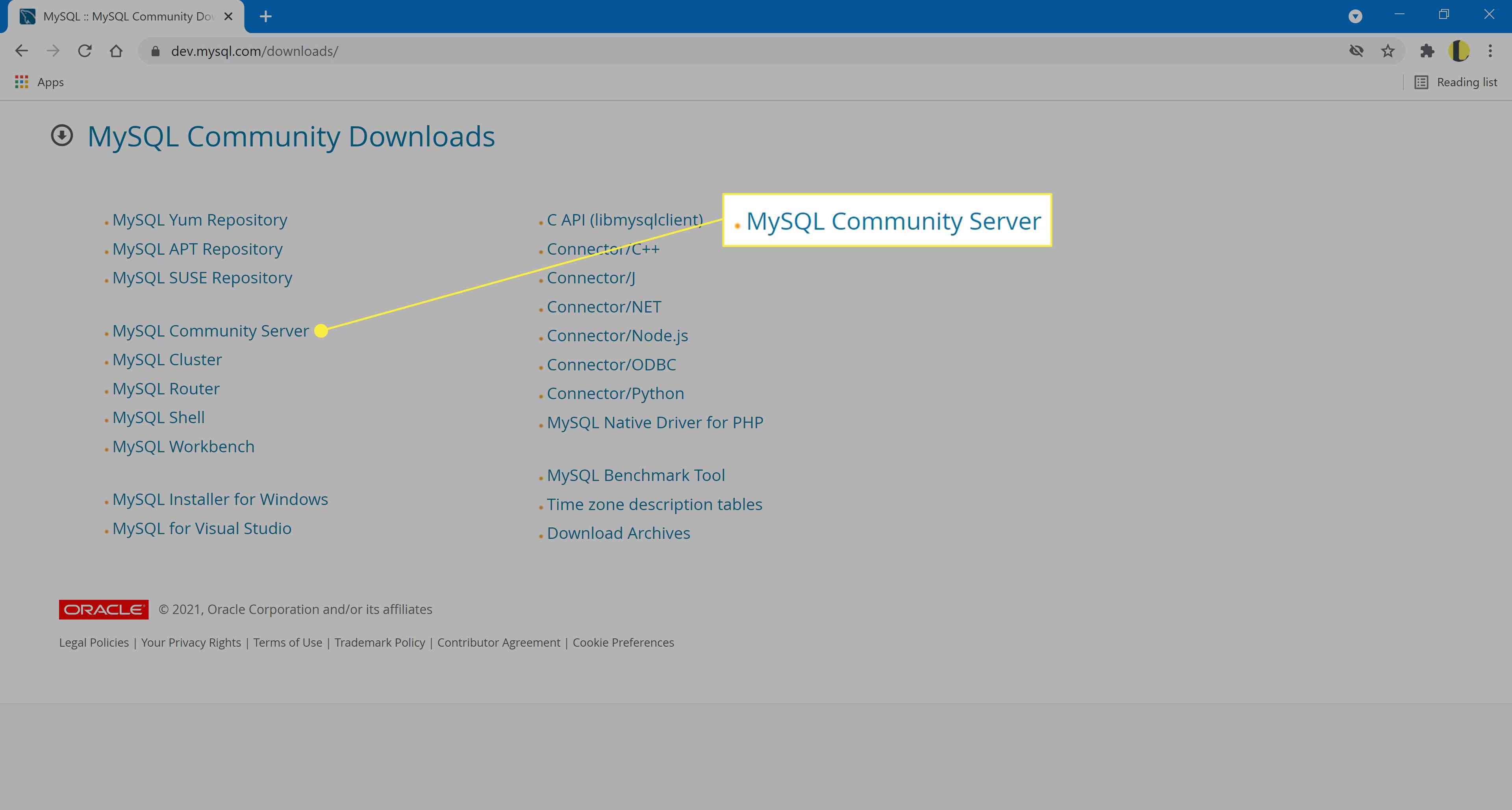 Het item "MySQL Community Server".