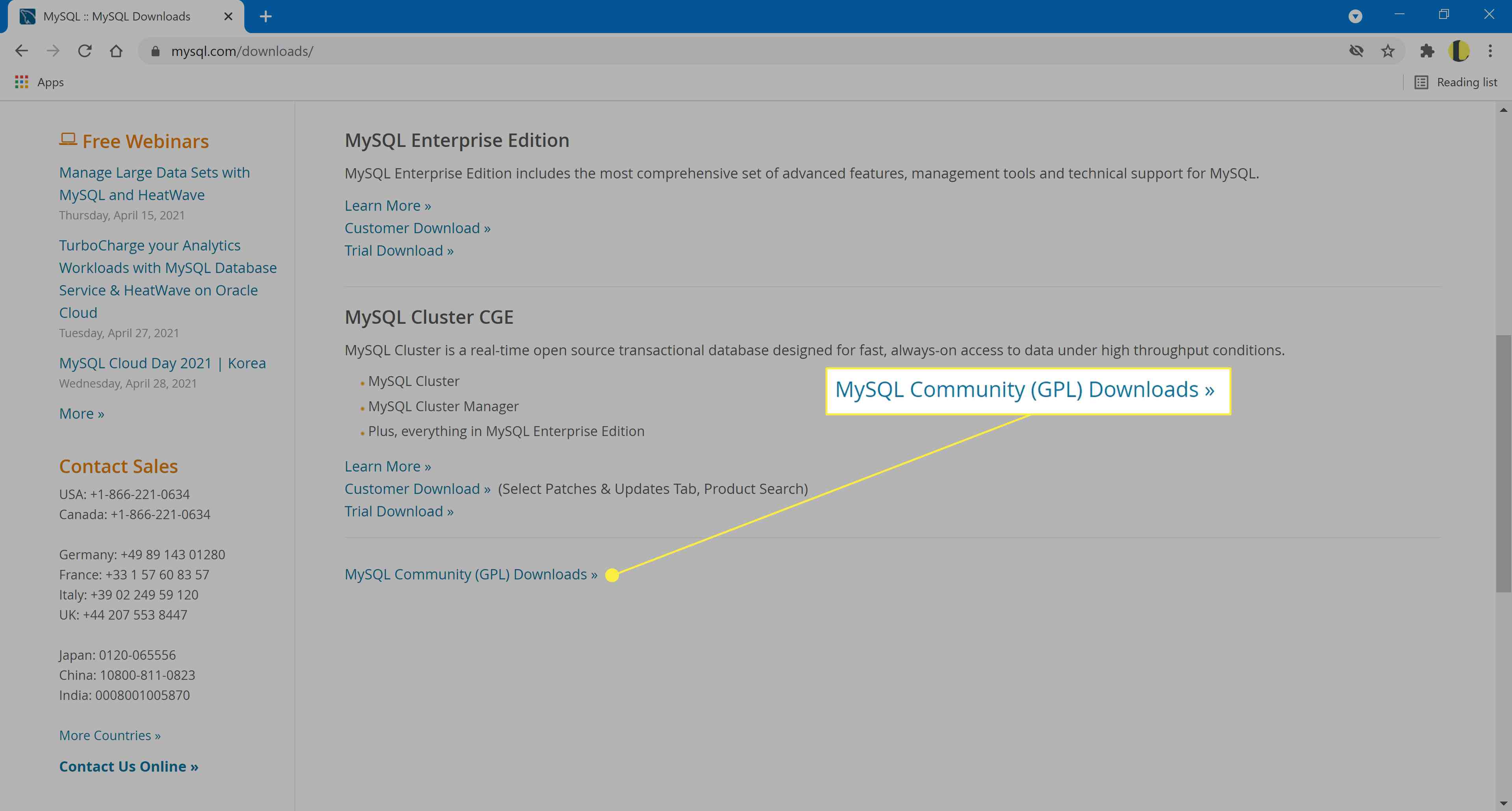 De link naar de MySQL Community-download selecteren.