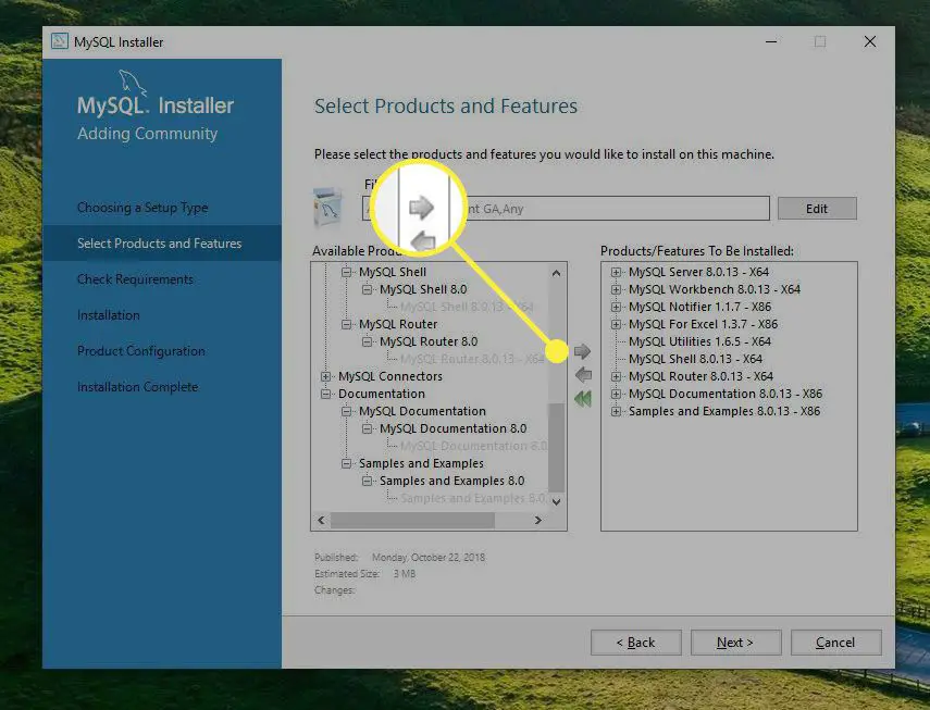 De pijl naar rechts in MySQL Installer