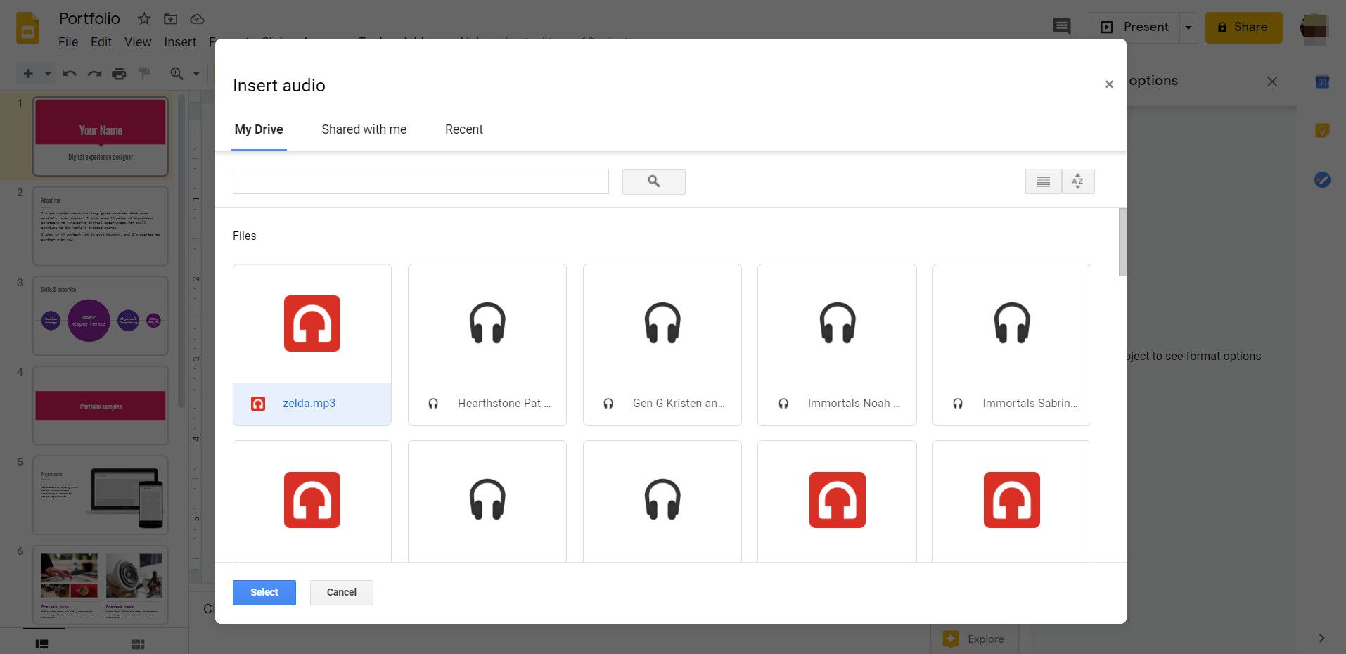 Een Google Drive-audiobestand wordt gemarkeerd in Google Presentaties.