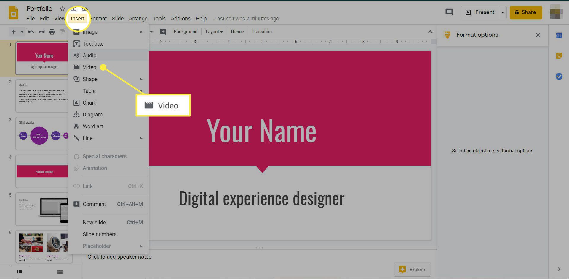 De video-optie onder het menu Invoegen in Google Presentaties
