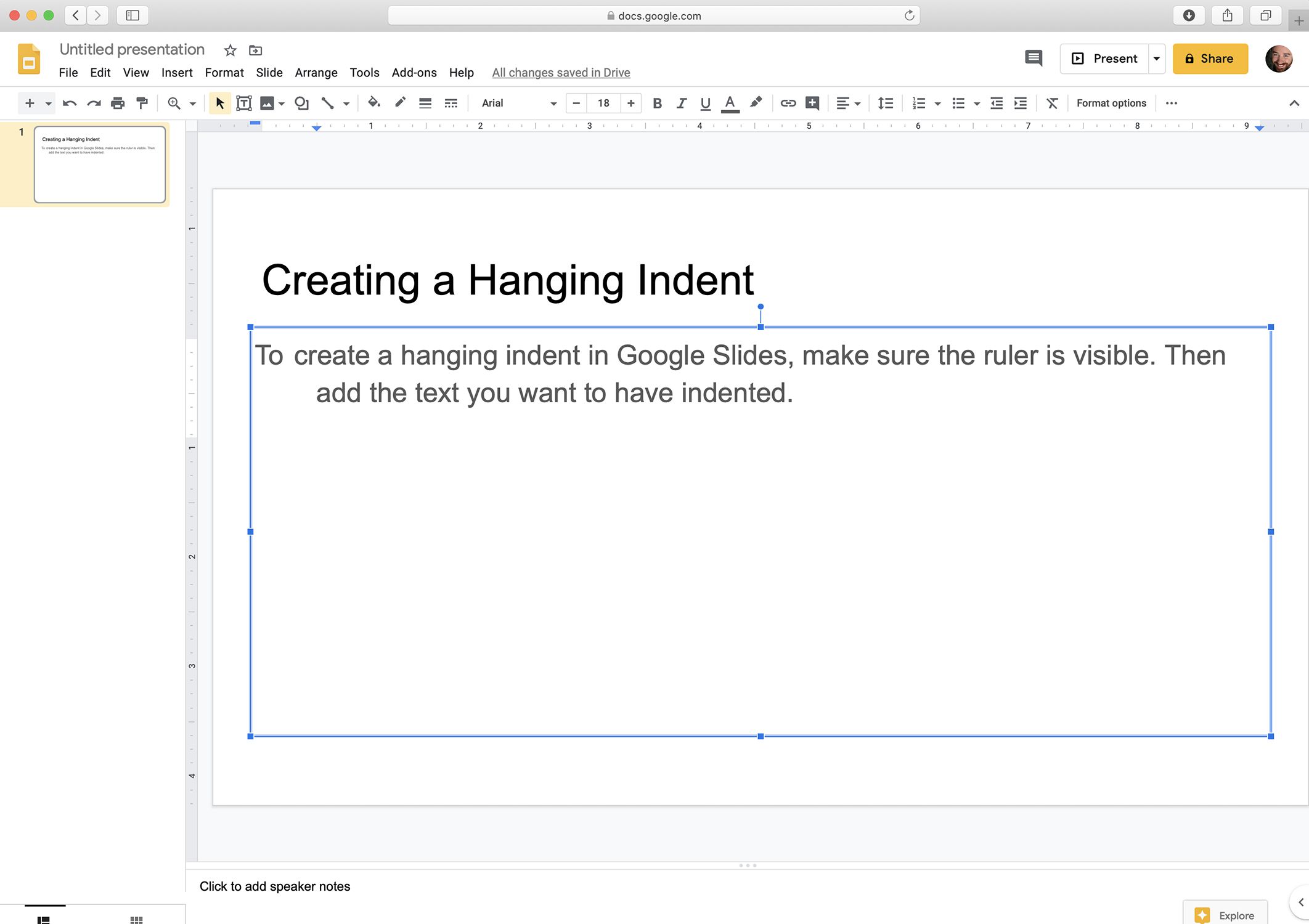 Screenshot van een hangende inspringing in Google Presentaties