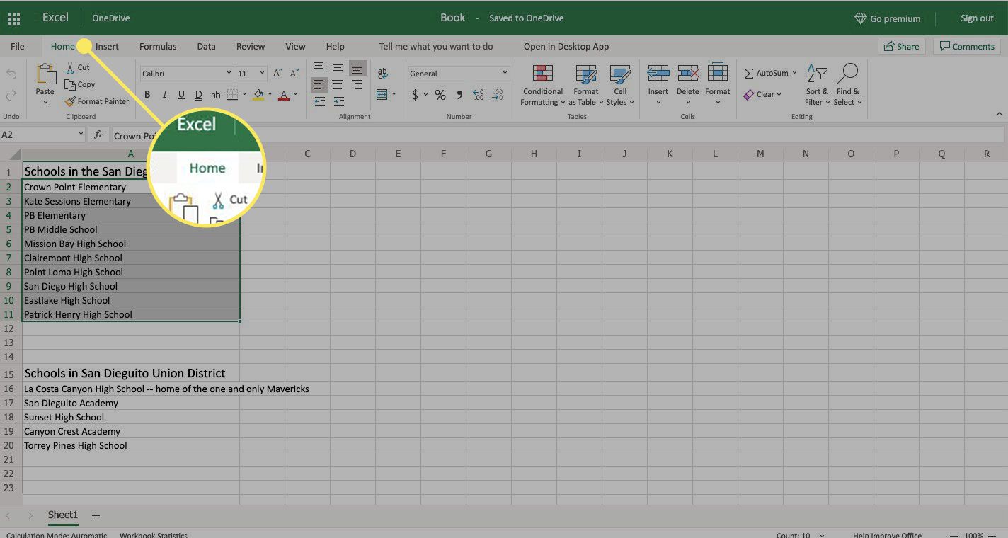 Het tabblad Start in Excel