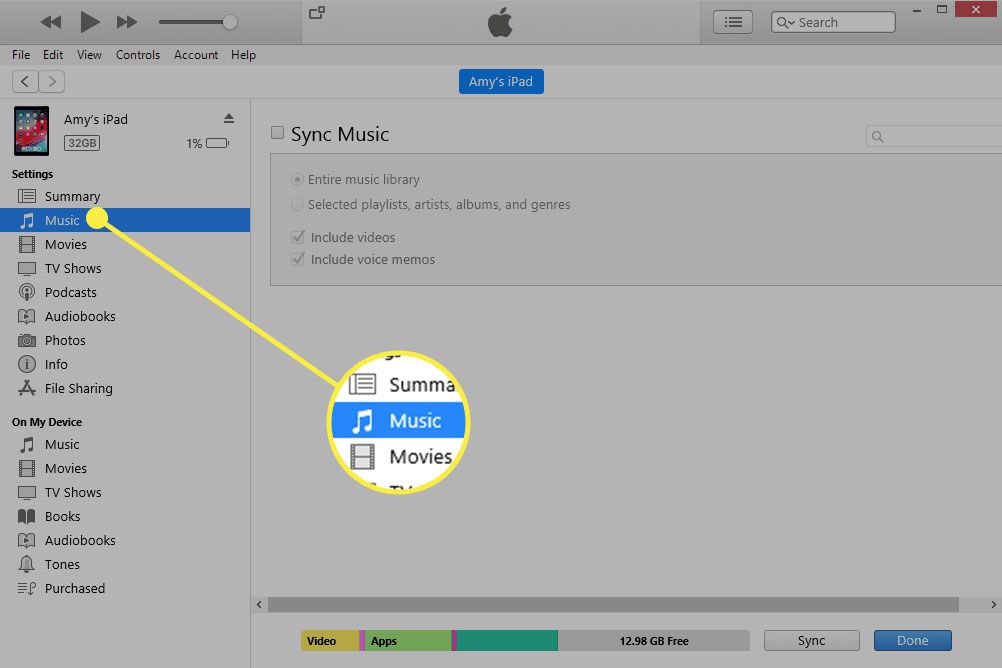 iTunes met het tabblad Muziek gemarkeerd