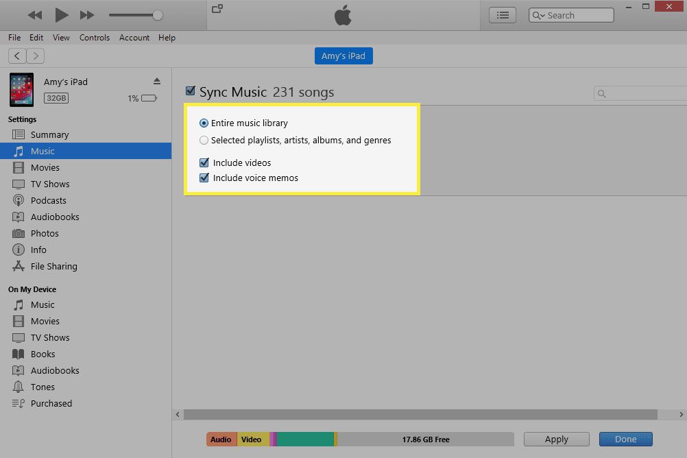 iTunes met de synchronisatie-opties gemarkeerd