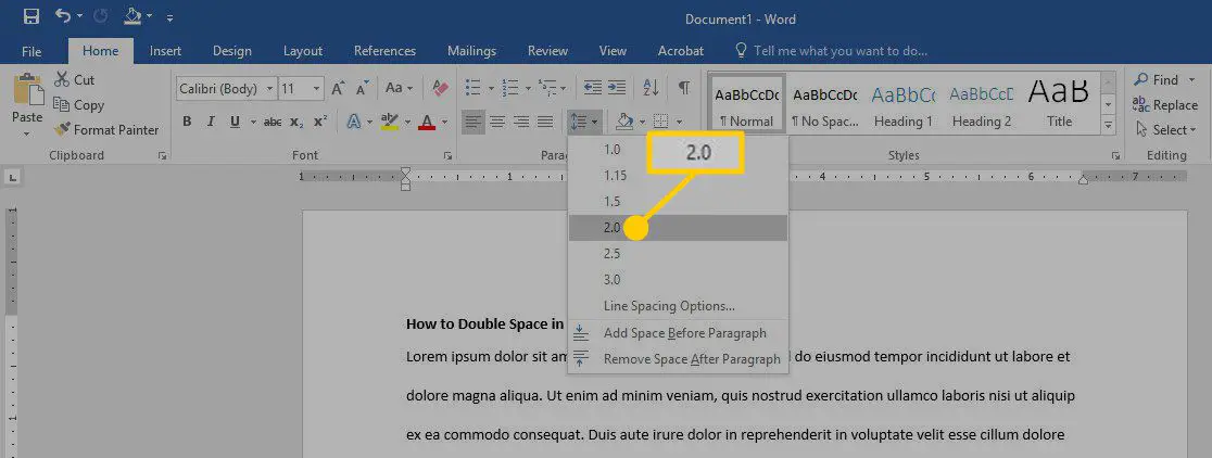 Double Spatiëring van een selectie van tekst in een Word-document