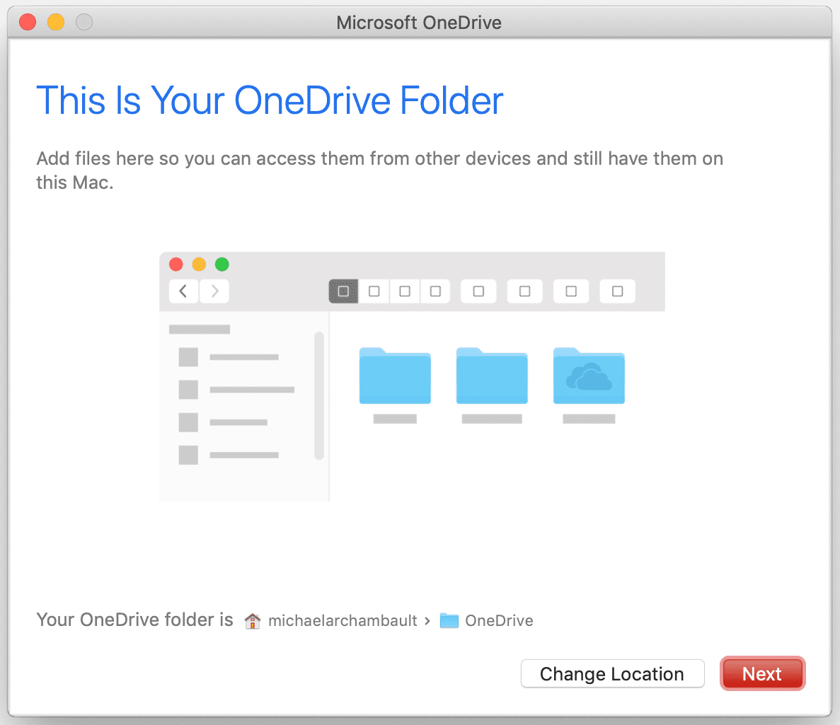 Schermafbeelding van OneDrive-installatie op een Mac-computer.