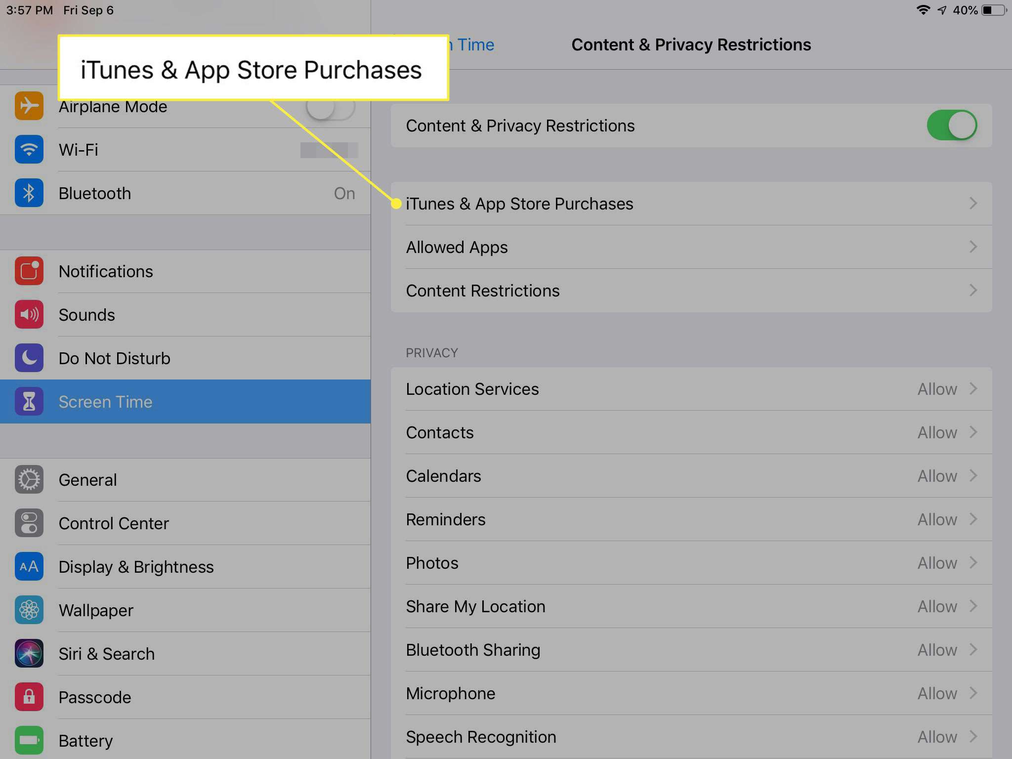 Een screenshot van Inhouds- en privacybeperkingen met de kop iTunes-aankopen gemarkeerd