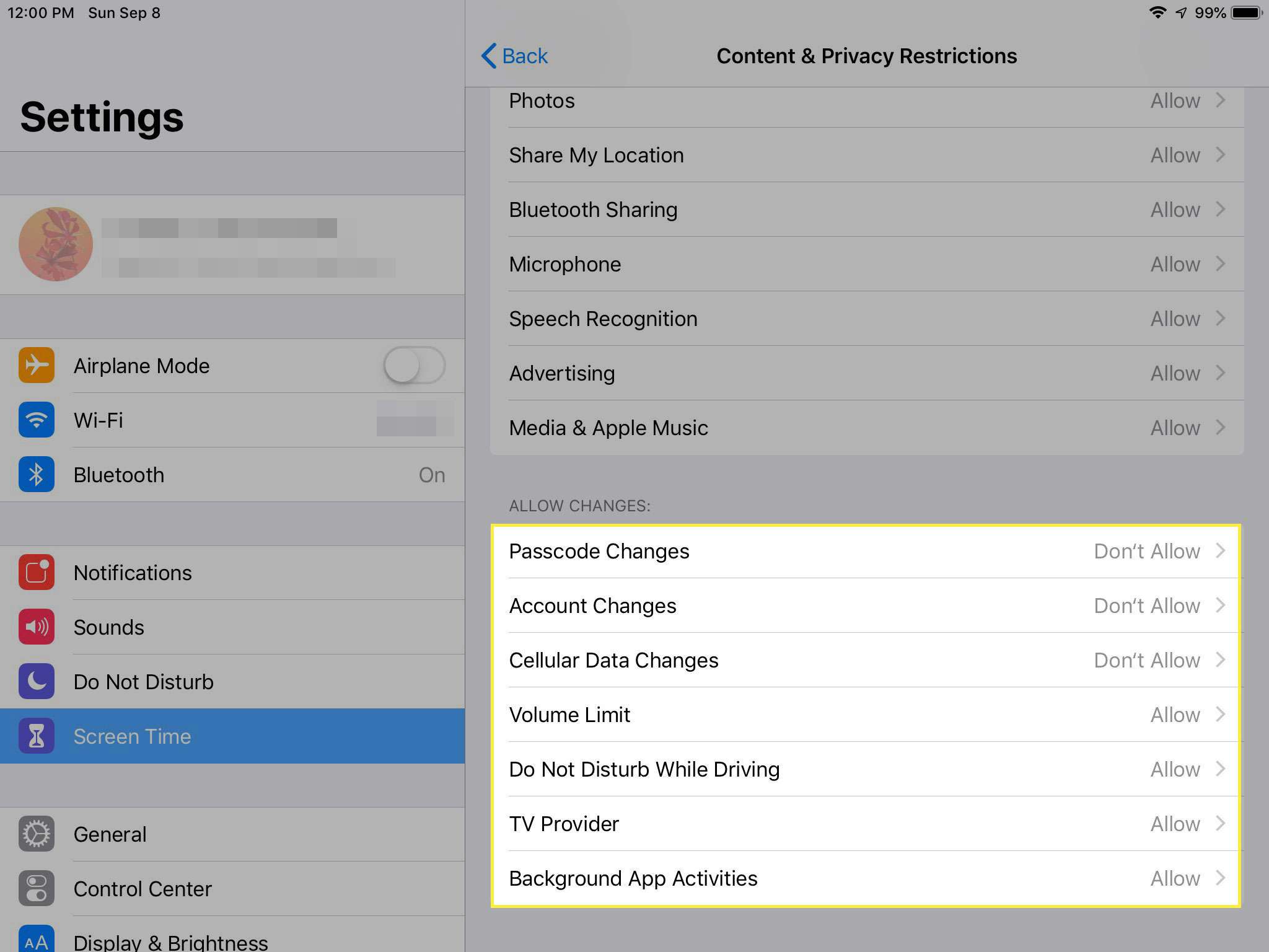Een screenshot van Inhouds- en privacybeperkingen op een iPad met het gedeelte Wijzigingen toestaan ​​gemarkeerd