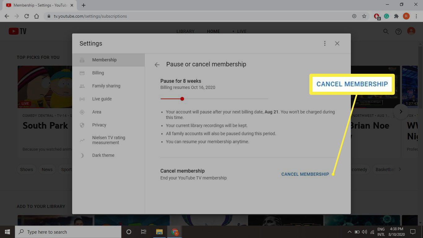 Een screenshot van tv.youtube.com waar je je lidmaatschap kunt opzeggen.