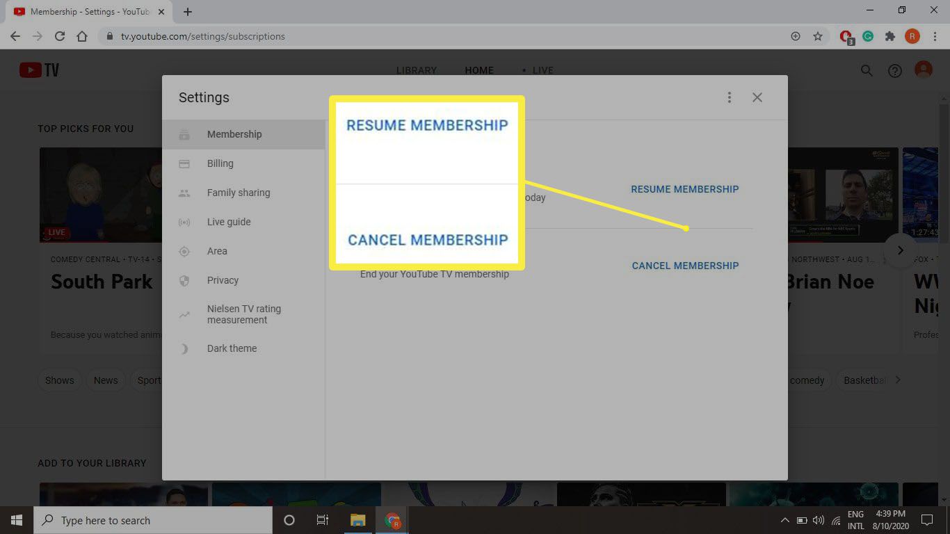 Een screenshot van de knoppen om te klikken met betrekking tot het hervatten of opzeggen van je lidmaatschap op tv.youtube.com.