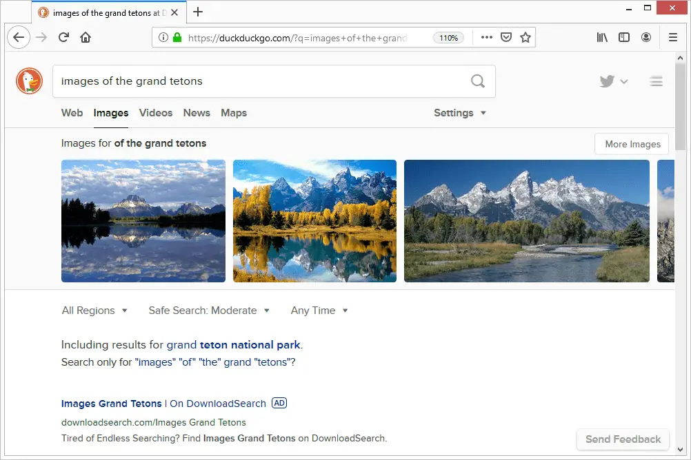 DuckDuckGo afbeeldingen zoeken van de grote tetons