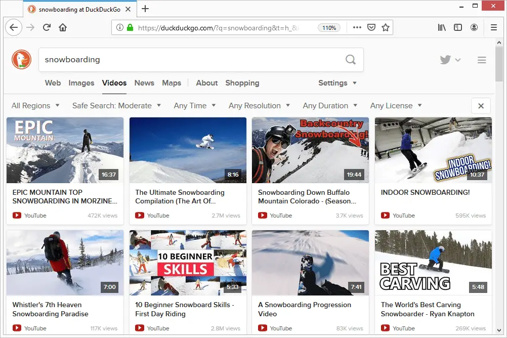 DuckDuckGo snowboard video resultaten