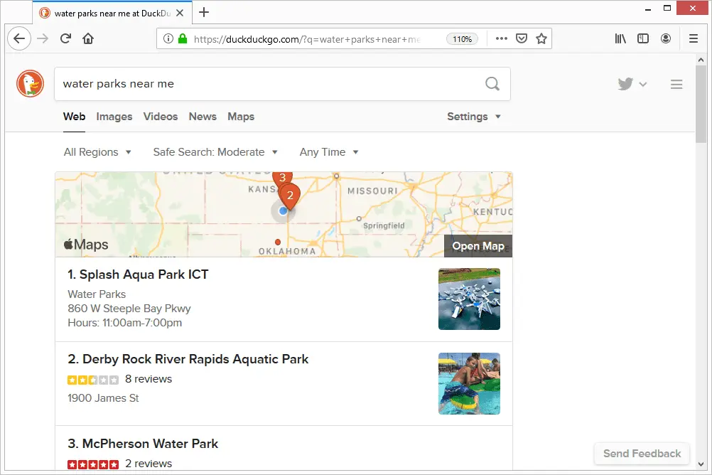 DuckDuckGo bij mij in de buurt zoekresultaten voor waterparken