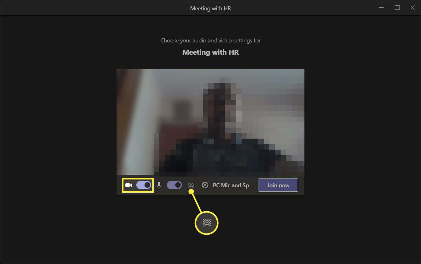 De knop Camera inschakelen en achtergrond gemarkeerd in Microsoft Teams.