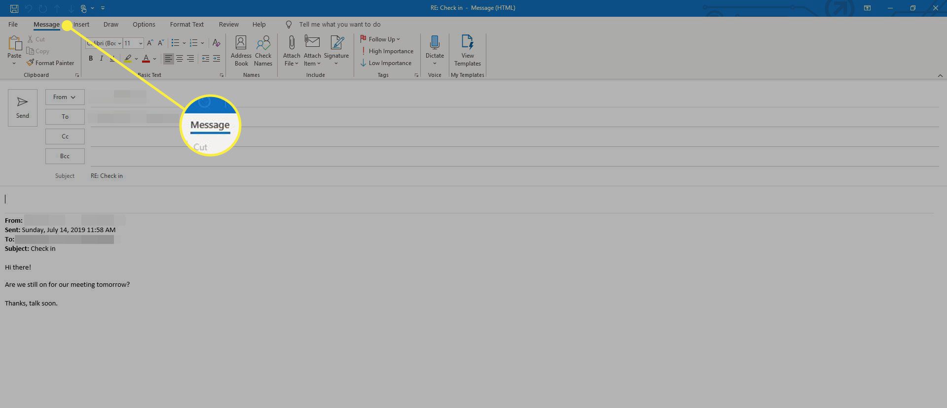 Een bericht in Outlook met het tabblad Bericht gemarkeerd