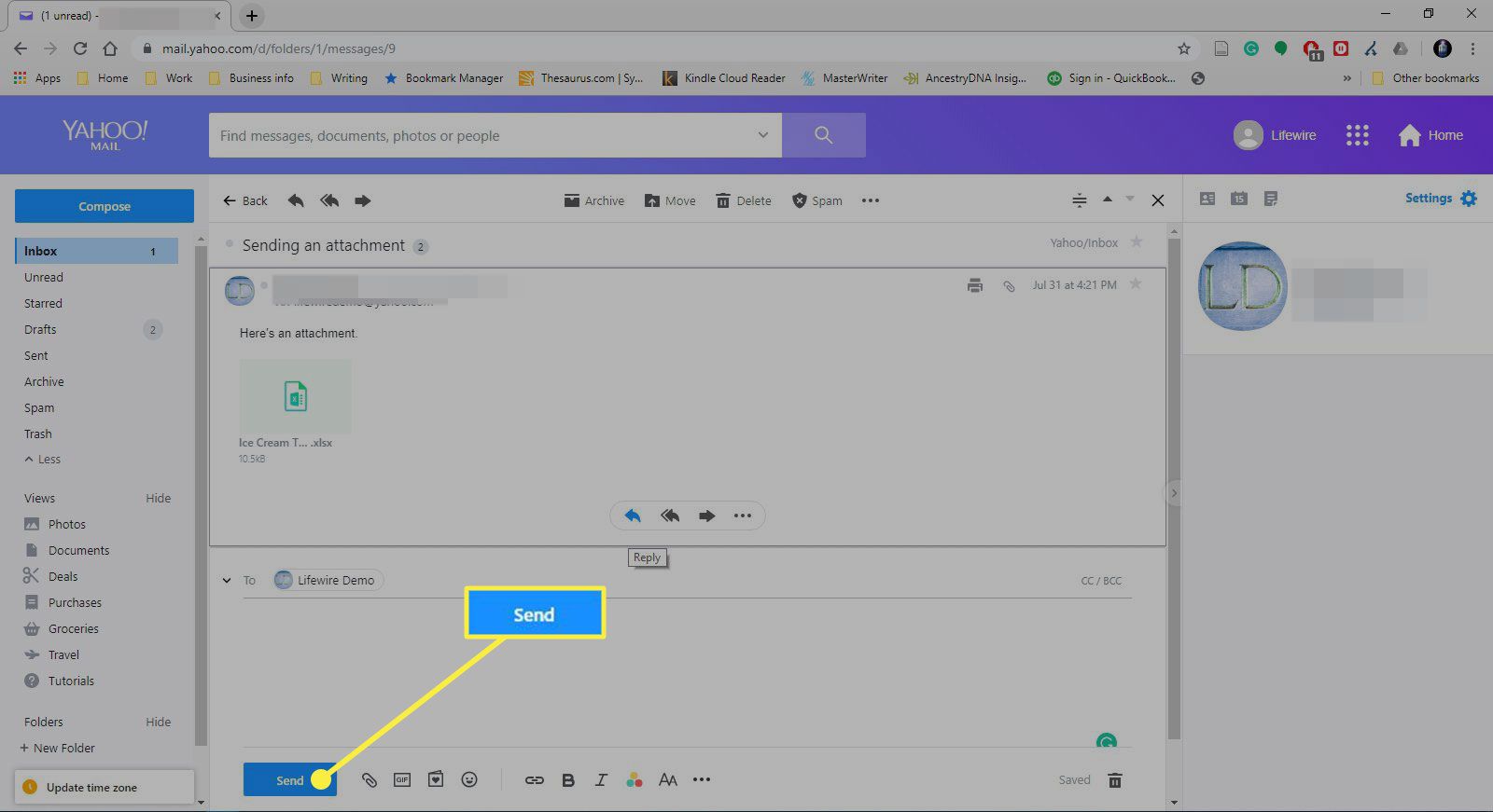 Een screenshot van een bericht in Yahoo Mail met de verzendknop gemarkeerd