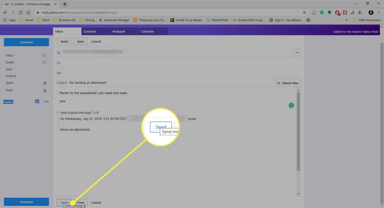 Een screenshot van een bericht in Yahoo Mail Classic met de knop Verzenden gemarkeerd