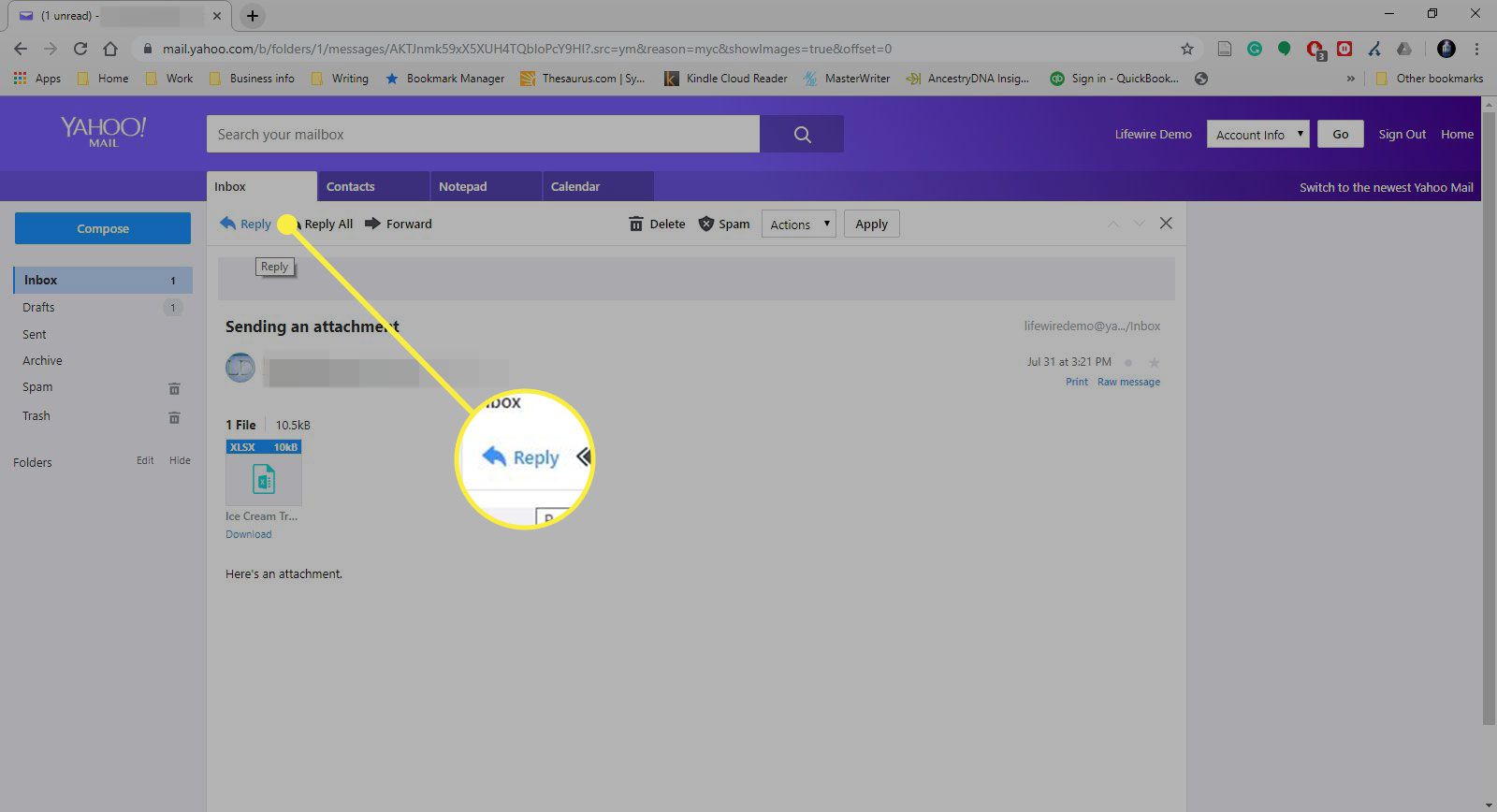 Een schermafbeelding van een bericht in Yahoo Mail Classic met de knop Beantwoorden gemarkeerd