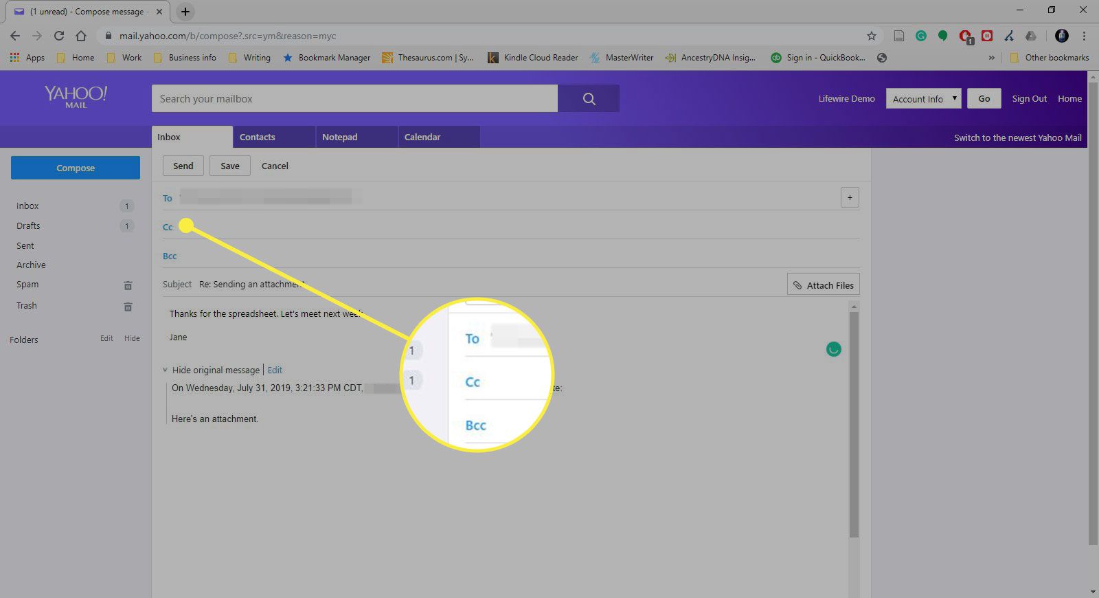 Een screenshot van een nieuw bericht in Yahoo Mail Classic met de velden Aan, Cc en Bcc gemarkeerd