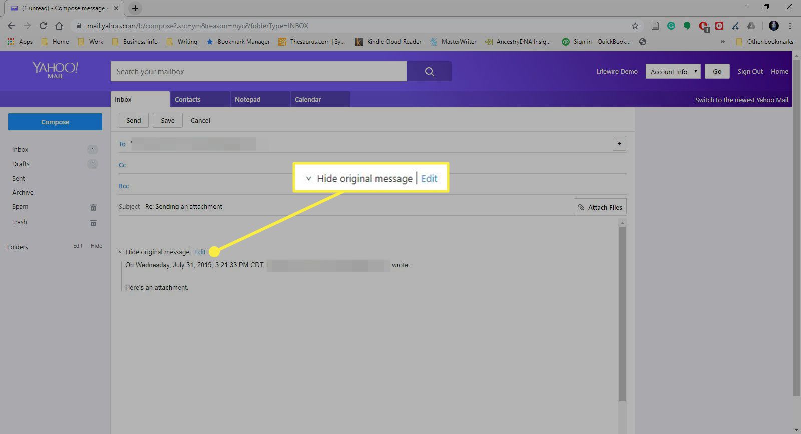 Een schermafbeelding van een bericht in Yahoo Mail met de opdracht Origineel bericht verbergen gemarkeerd