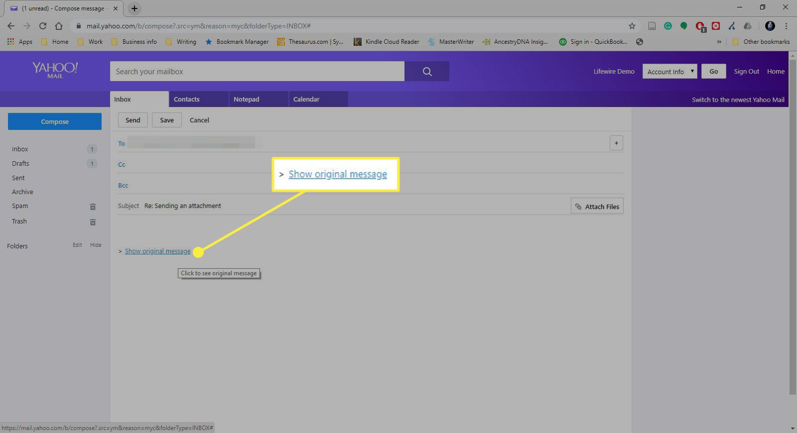 Een schermafbeelding van een bericht in Yahoo Mail met de opdracht "Origineel bericht weergeven" gemarkeerd