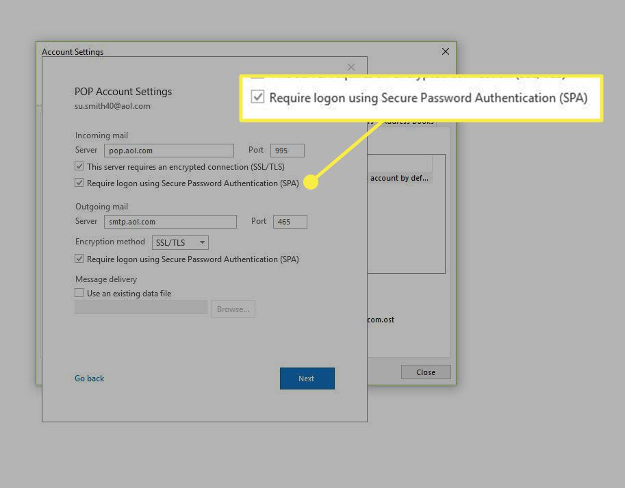 Een schermafbeelding van POP-accountinstellingen met de optie SPA-vereiste gemarkeerd