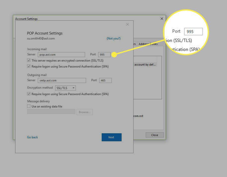 Een schermafbeelding van POP-accountinstellingen met de poort Inkomende e-mail gemarkeerd