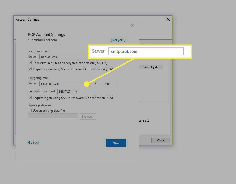 Een schermafbeelding van POP-accountinstellingen met het veld Server uitgaande e-mail gemarkeerd