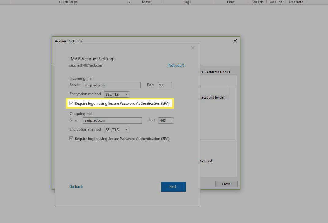Een screenshot van IMAP-accountinstellingen met de optie SPA vereisen gemarkeerd
