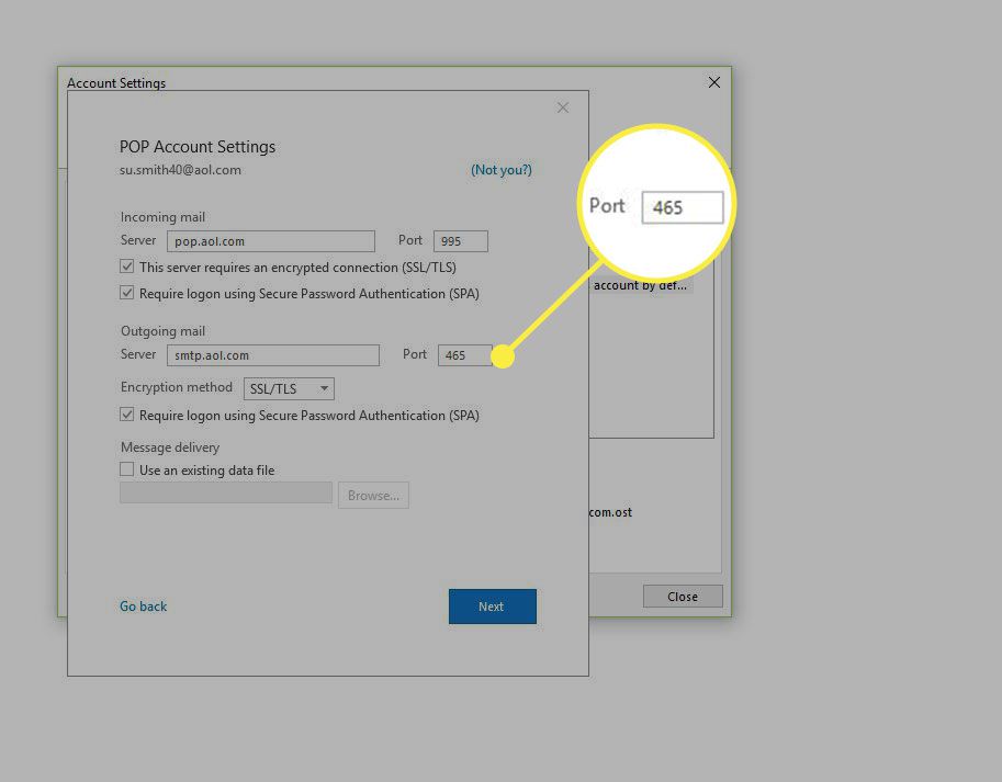 Een schermafbeelding van POP-accountinstellingen met het veld Poort voor uitgaande e-mail gemarkeerd