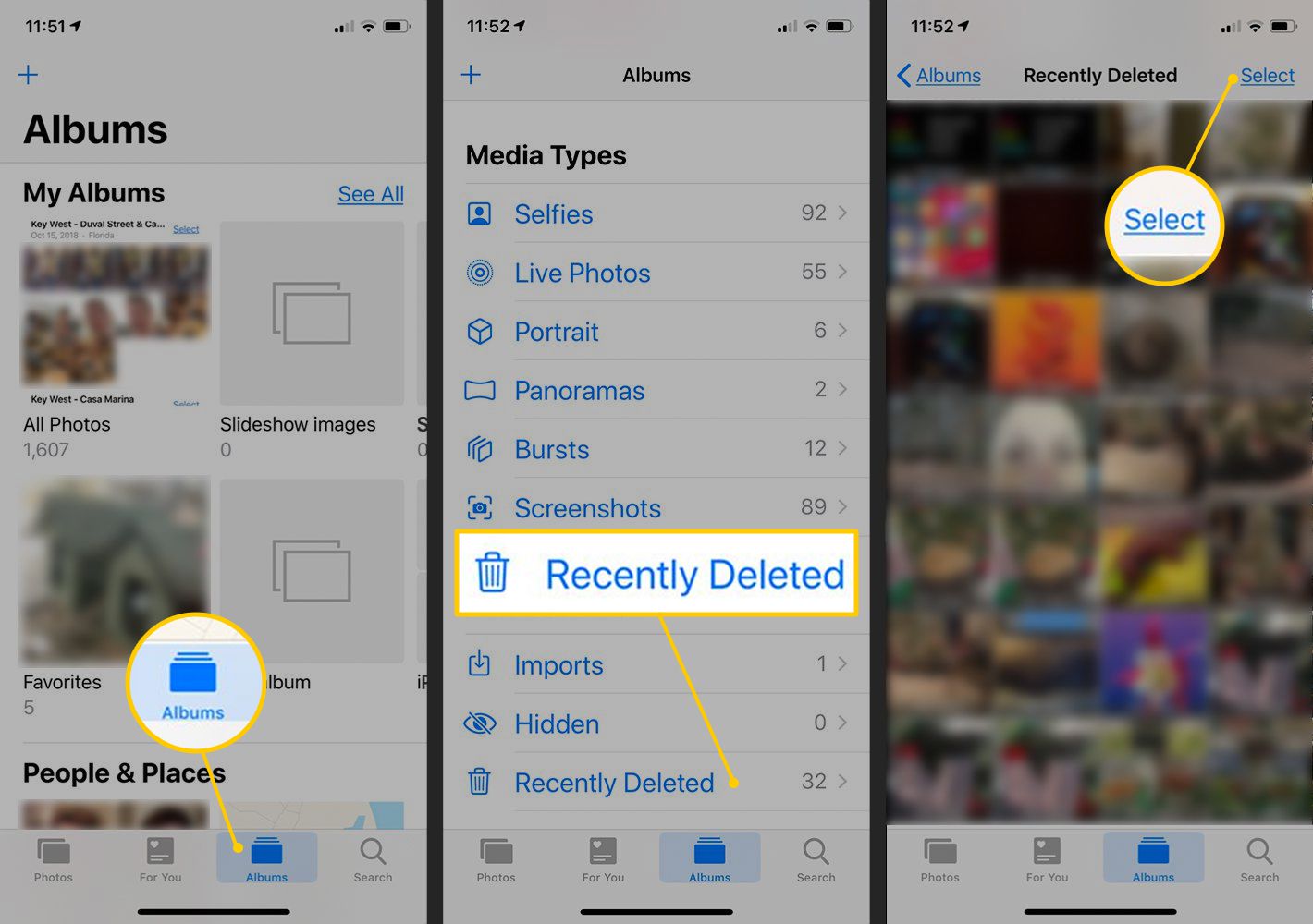 Albums, Onlangs verwijderd, Select-knoppen in de iOS Foto's-app