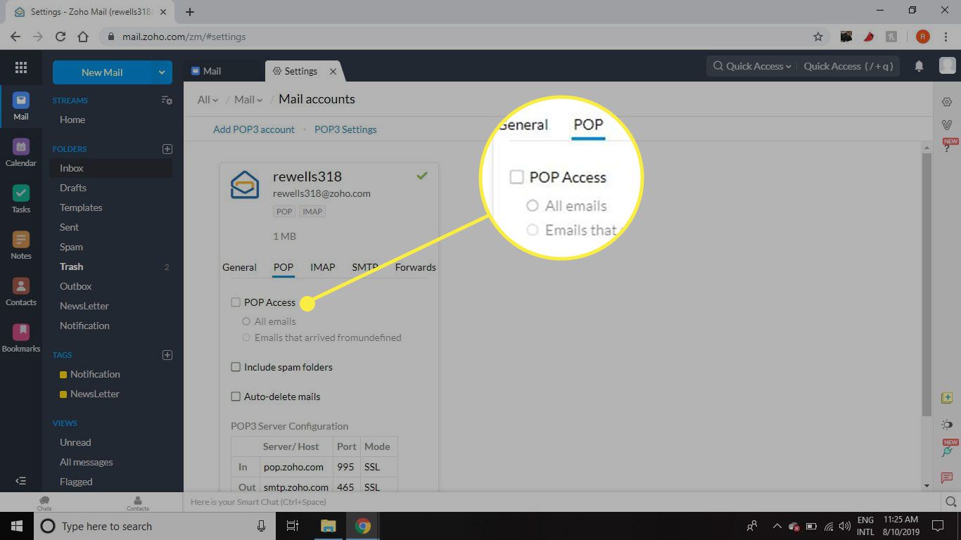 Een screenshot van Zoho Mail met de optie POP Access gemarkeerd