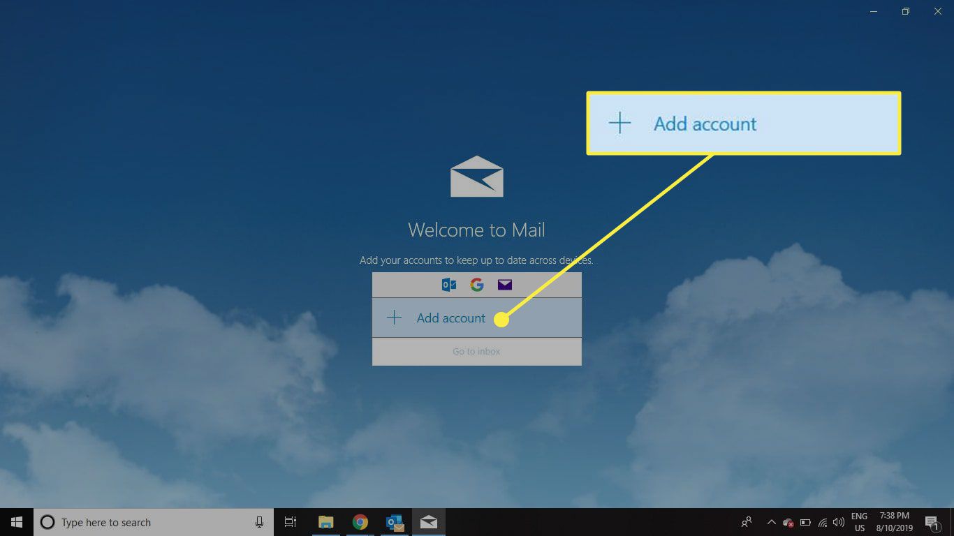Een screenshot van Windows Mail met de knop Account toevoegen gemarkeerd