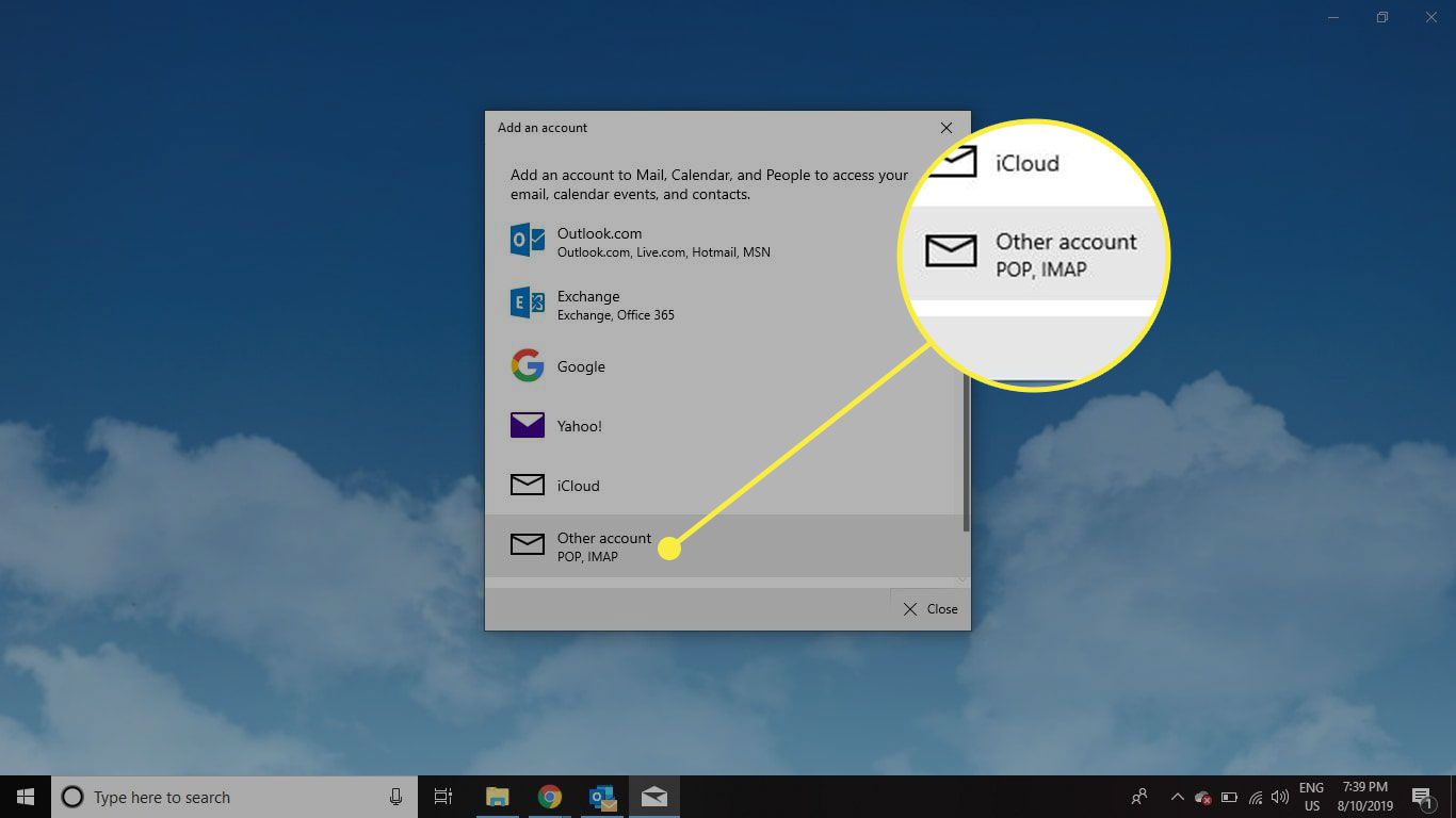 Een schermafbeelding van het scherm Een account toevoegen van Windows Mail met de optie Ander account gemarkeerd
