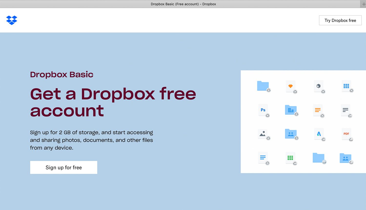 Dropbox gratis accountscherm