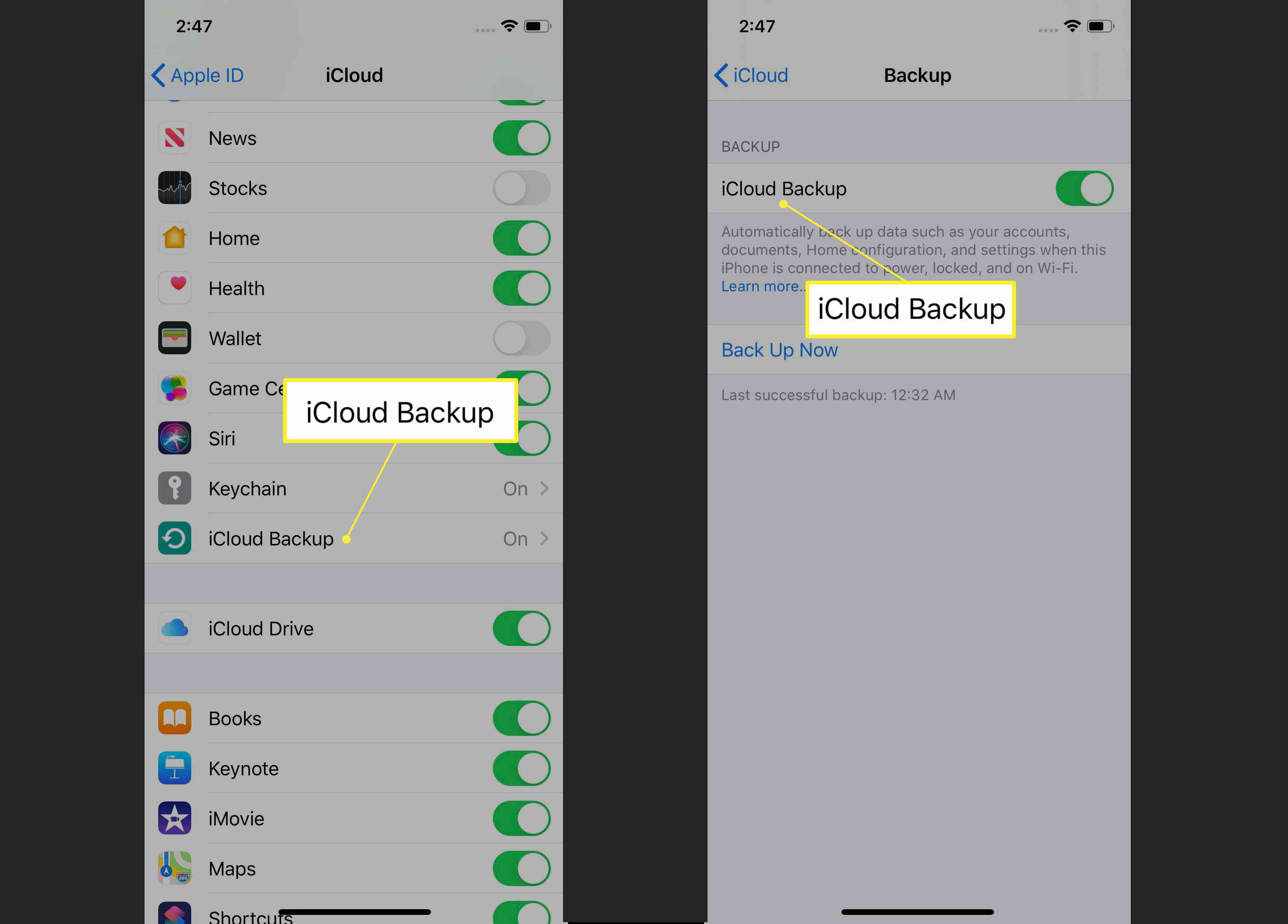 Schermafbeeldingen die laten zien hoe u iCloud-back-up op iPhone inschakelt.