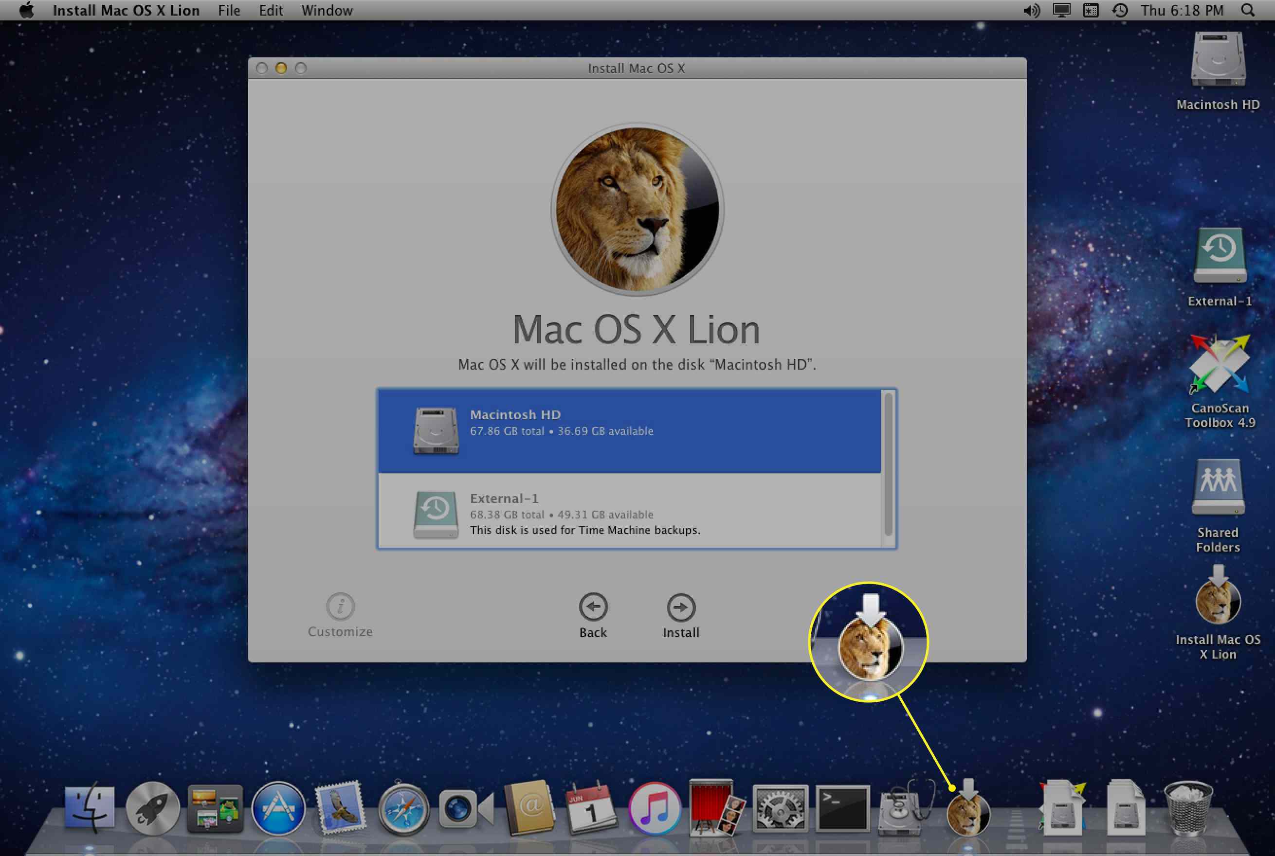 Lion-installatiepictogram op Mac Dock