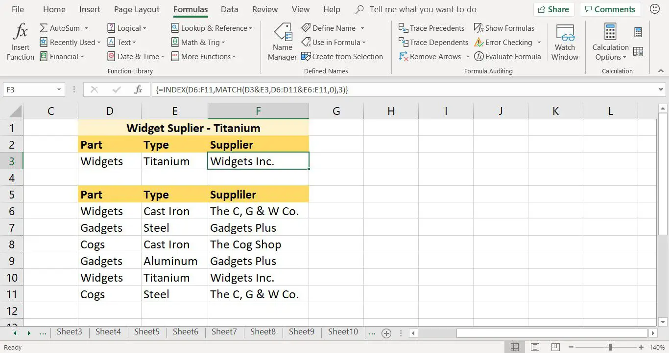 De resultaten van de voltooide INDEX-functie in Excel