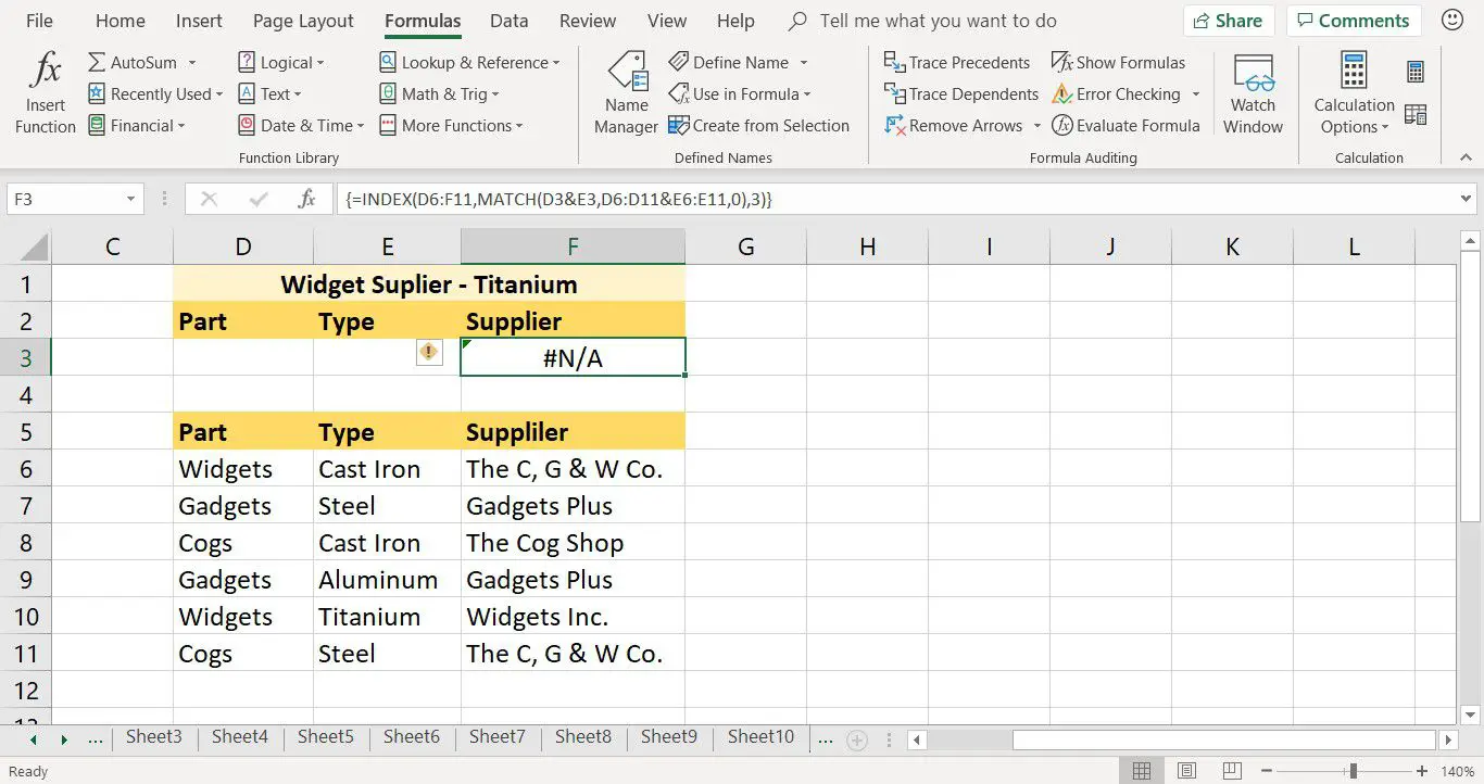 De voltooide INDEX-functie in Excel