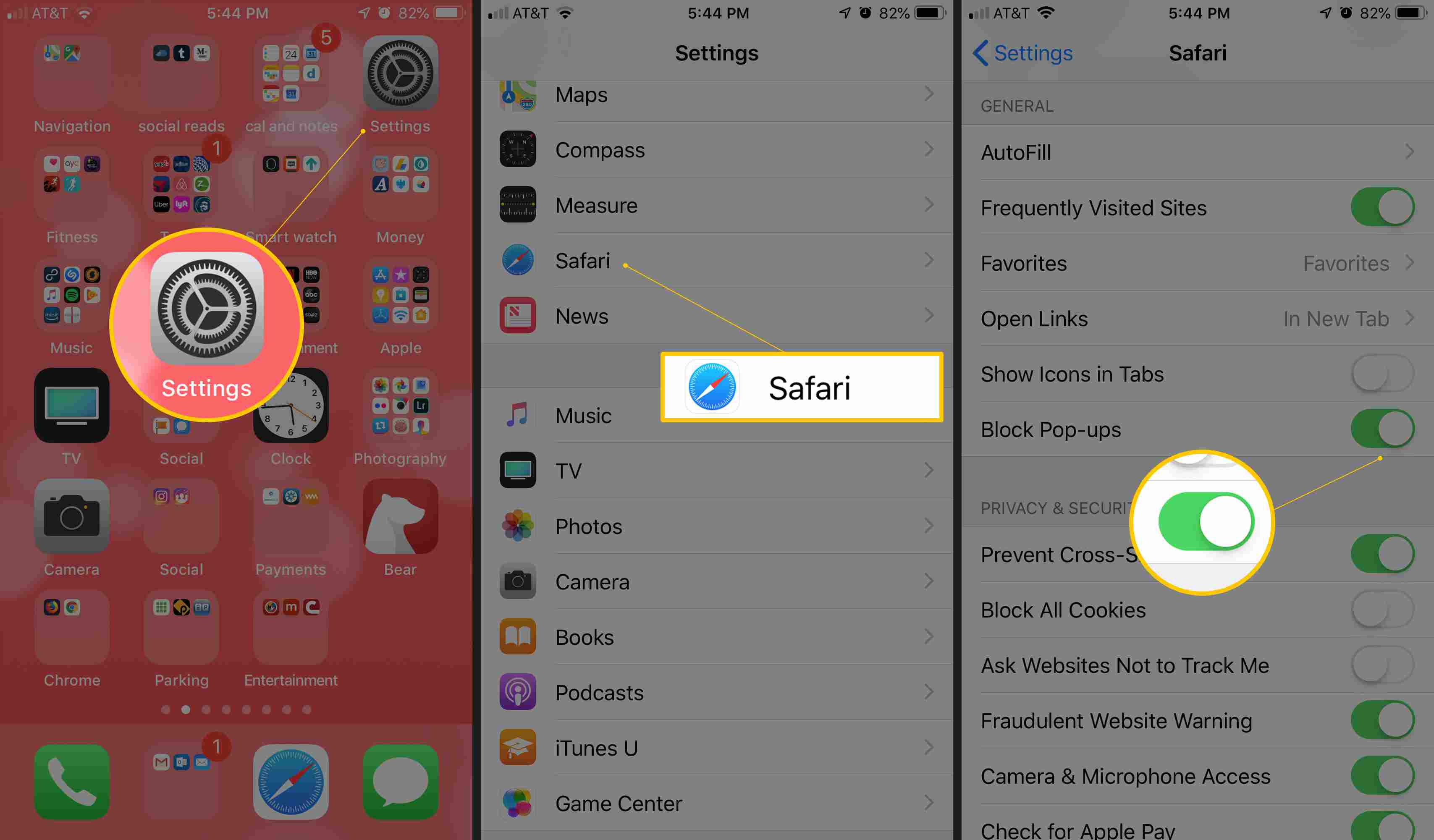 Drie iOS-schermen met instellingenpictogram, Safari-knop en Block Pop-ups-schakelaar ingesteld op AAN