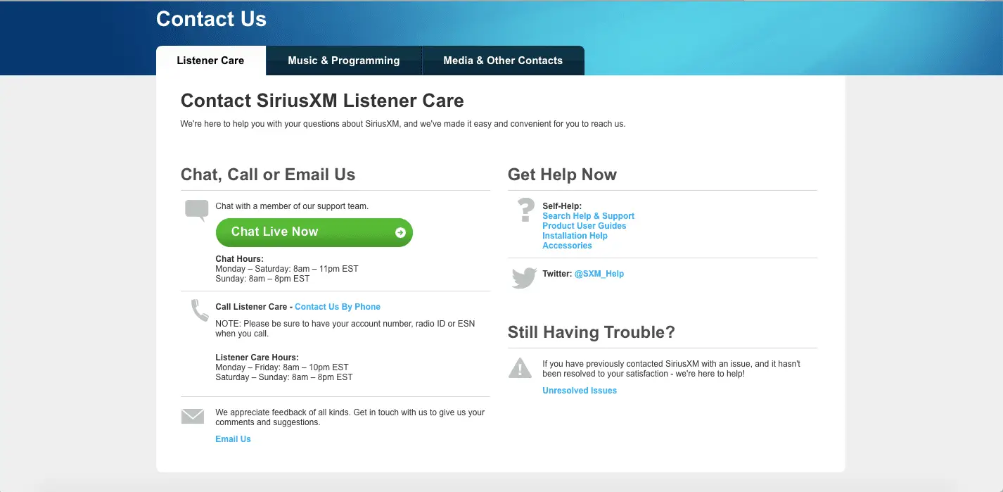 De contactpagina van SiriusXM bezoeken om de klantenservice te e-mailen